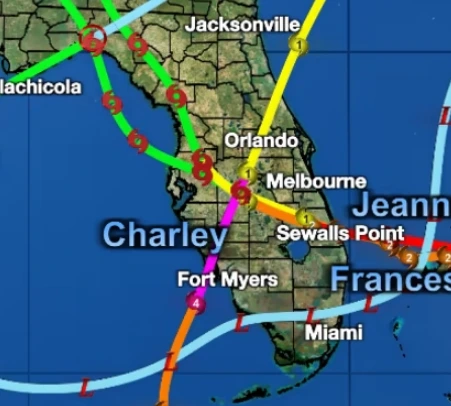 Map showing the paths of storms during the 2004 hurricane season